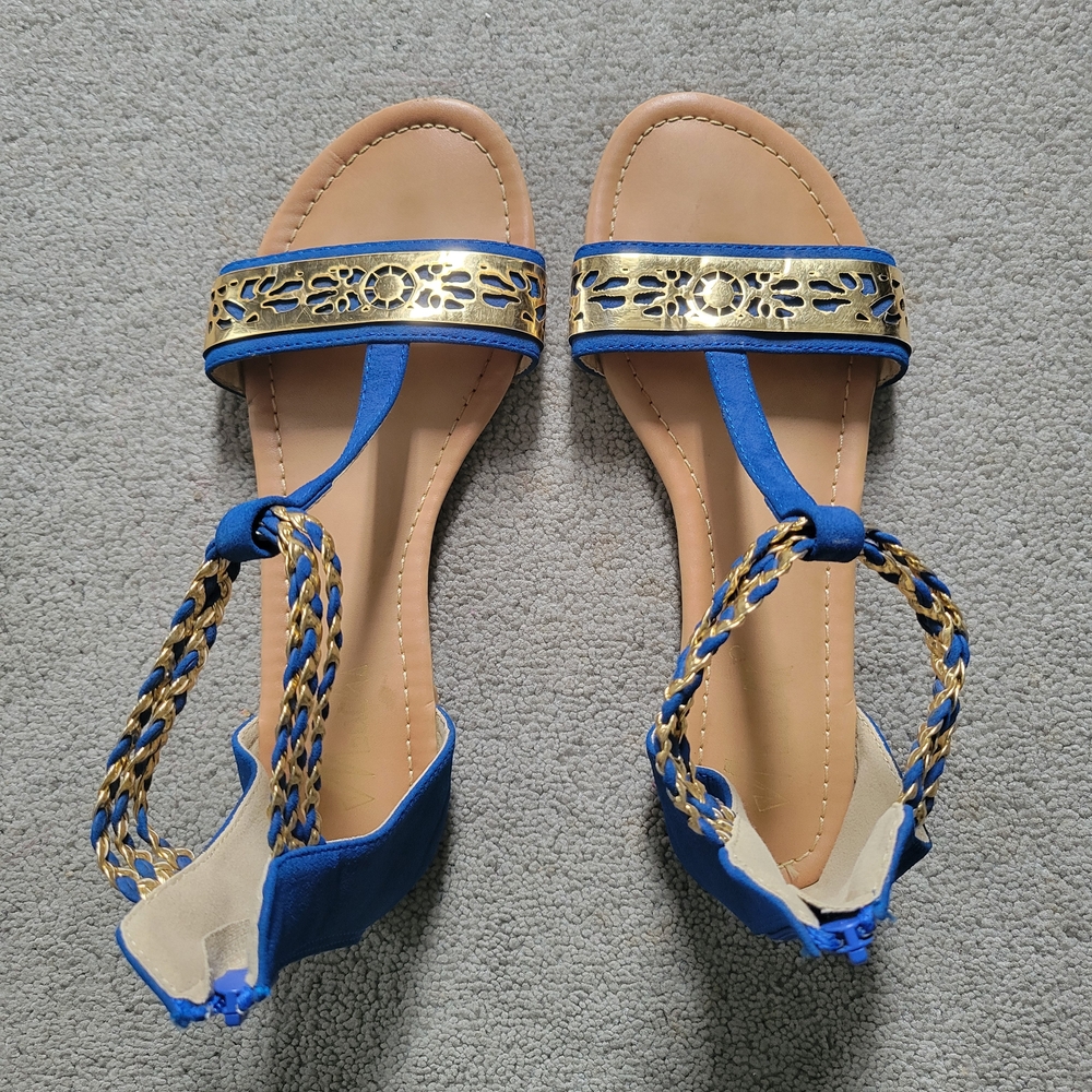 Machi Stylish Blue and Gold Women's Sandals Size US 8